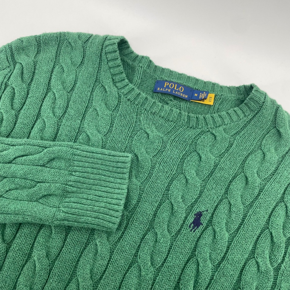 Polo Ralph Lauren Sweater Mens M Green Cable Knit Cotton Crewneck Pony Logo